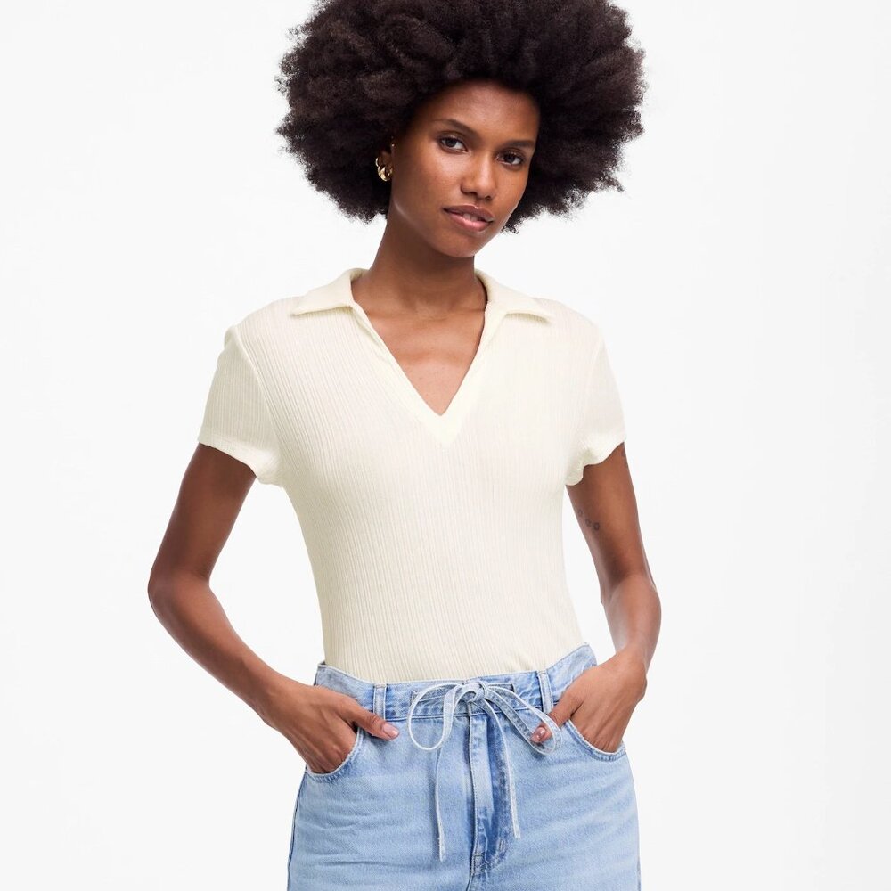 NEW NWT Madewell‎ Ribbed V-Neck Tencel Polo Tee Large